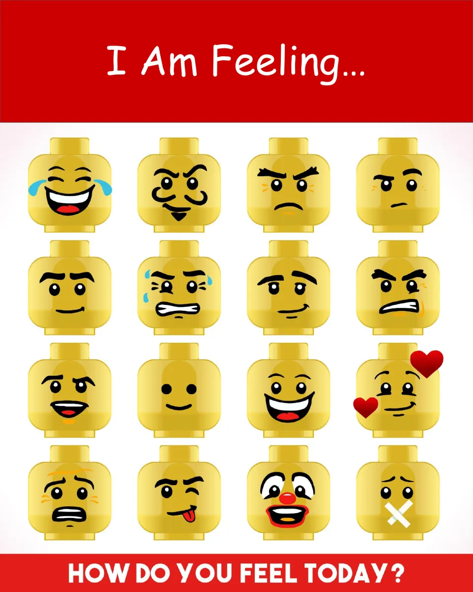 I Am Feeling chart: 16 Lego head faces show emotions such as laughing, angry, scared and in love for naming how you feel