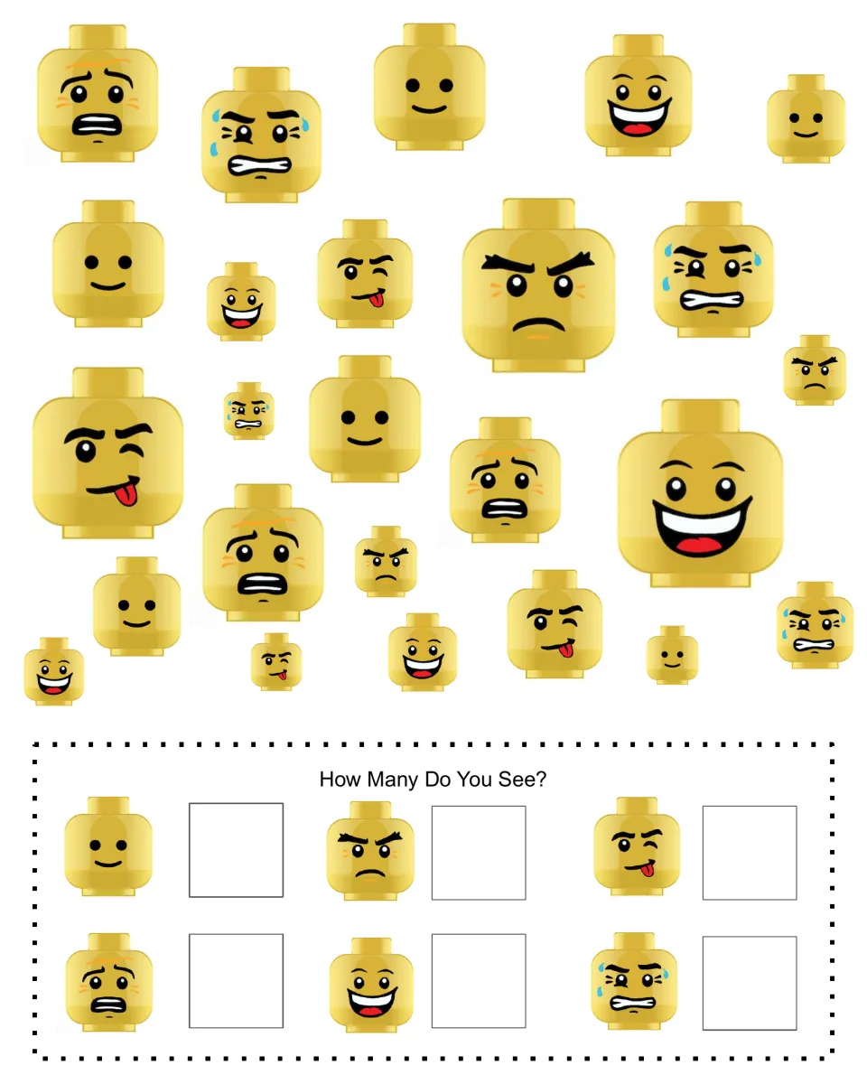 How Many Do You See? emotion I Spy: students count six Lego face expressions among scattered heads and write each total