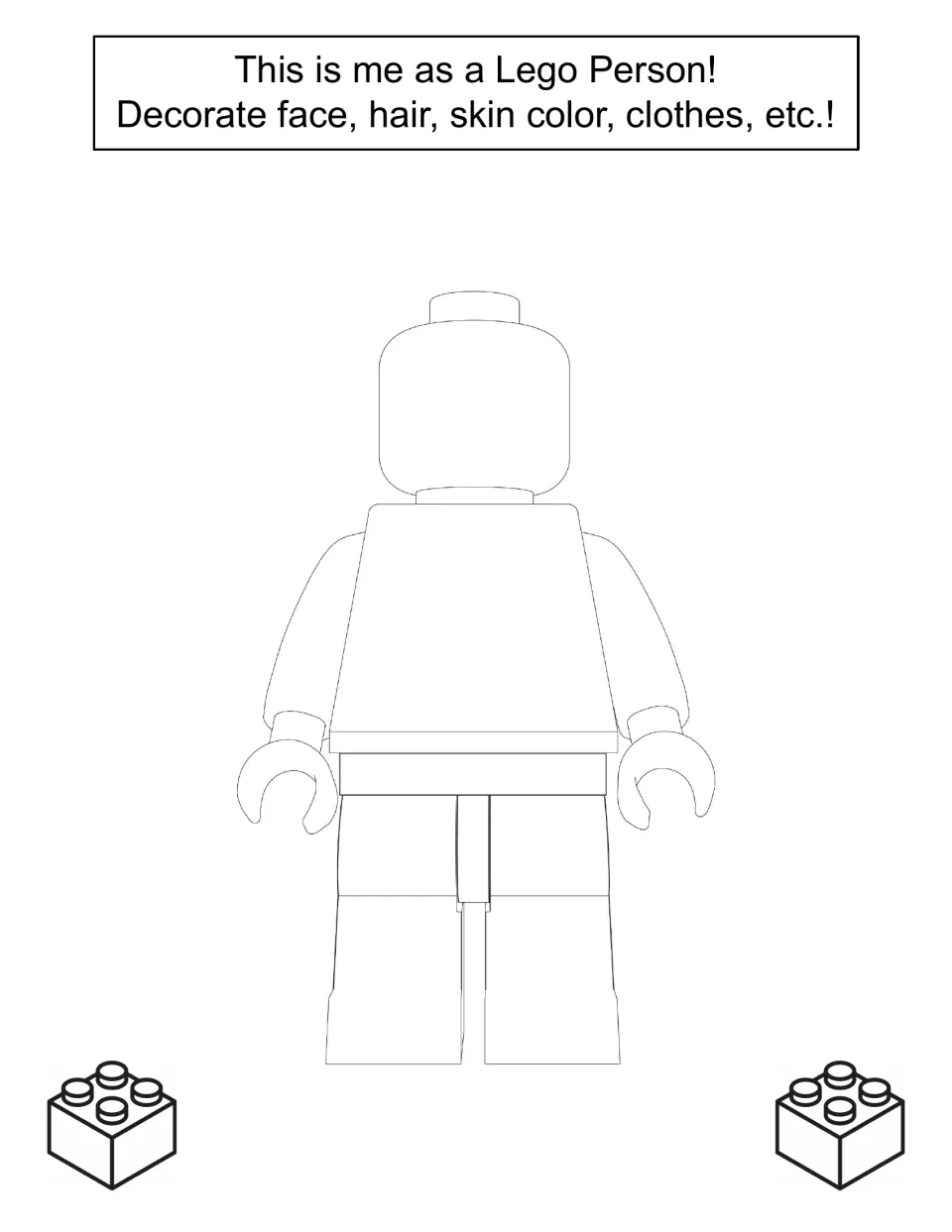 Self-portrait coloring: students decorate a blank Lego person outline with their own face, hair, skin color and clothes
