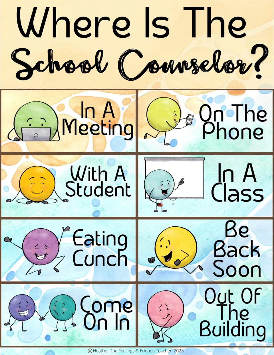 Where Is The School Counselor? sign with 8 status cards, such as In A Meeting, With A Student, Eating Lunch, Be Back Soon