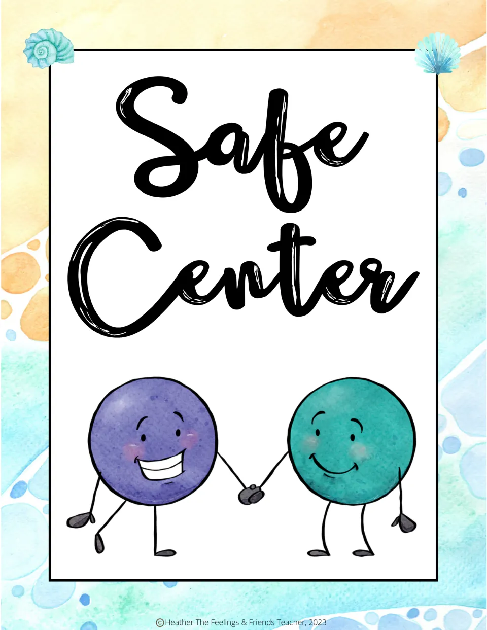 Safe Center sign showing two smiling cartoon characters, one purple and one teal, holding hands on a beach background