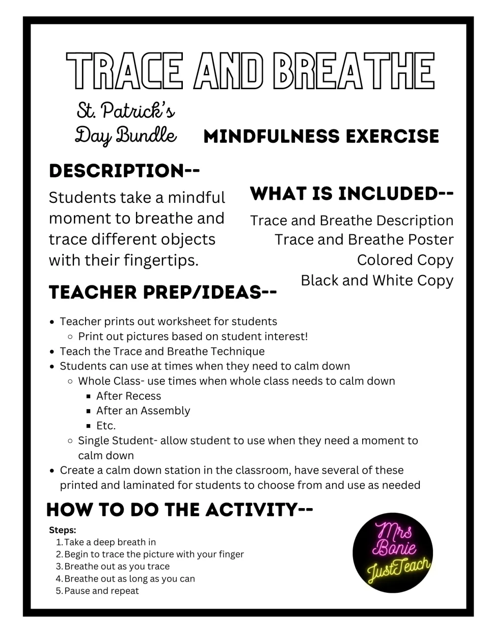 Teacher guide for pot of gold mindful tracing: resource contents, classroom uses, and five breathing steps