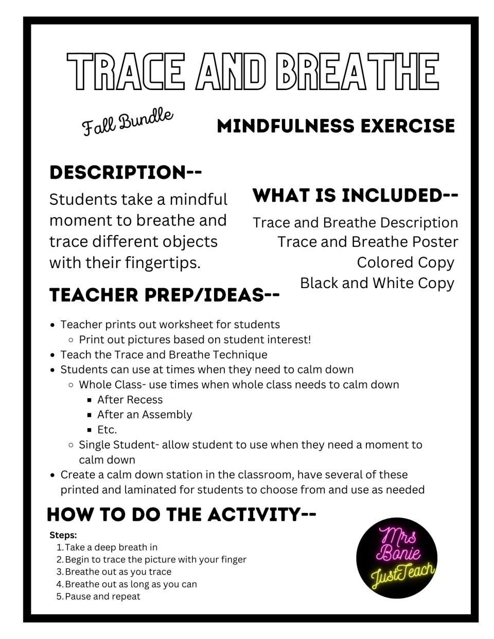 Teacher guide for pumpkin mindful tracing, with included materials, preparation ideas, and five breathing steps.
