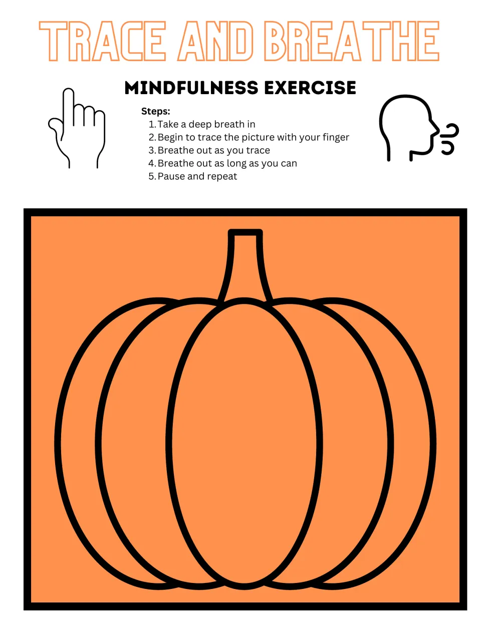 Color pumpkin tracing activity with five steps for breathing in, tracing with a finger, and breathing out.