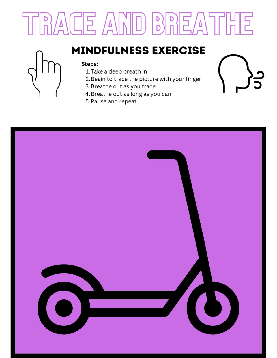 Color scooter tracing activity pairs a scooter on purple with five instructions for breathing while tracing