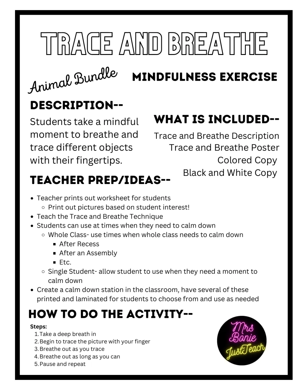 Trace and Breathe teacher guide: description, prep ideas, calm-down uses and the five breathing steps for the activity