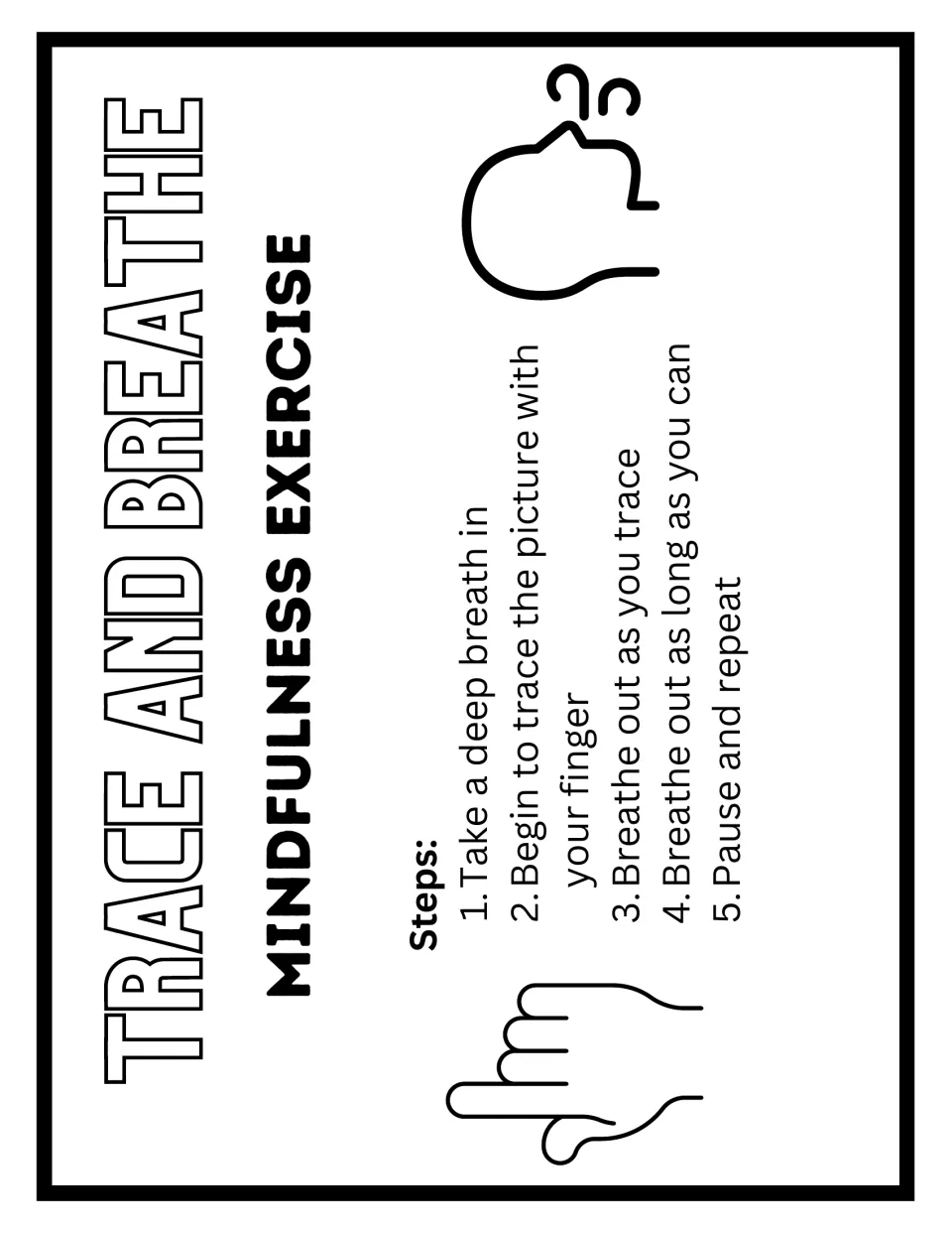 Trace and Breathe poster listing five steps: breathe in, trace the picture with a finger, breathe out slowly, pause, repeat