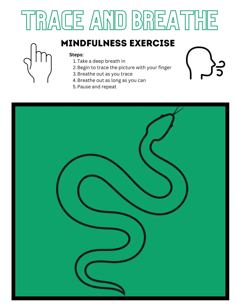Color snake tracing activity with breathing directions: inhale, trace the snake while exhaling, and repeat.