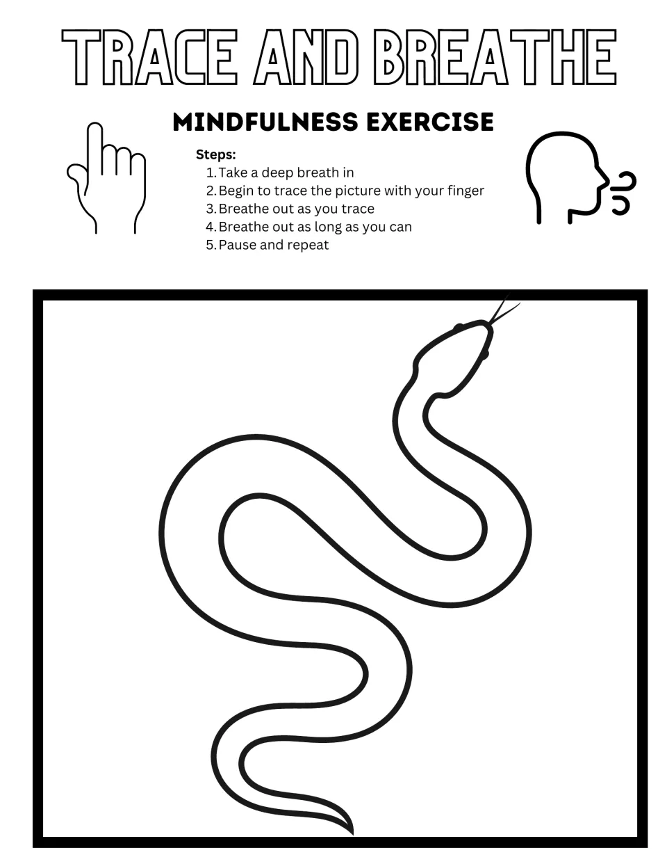 Black-and-white snake tracing activity with five steps for breathing in, tracing while exhaling, and repeating.