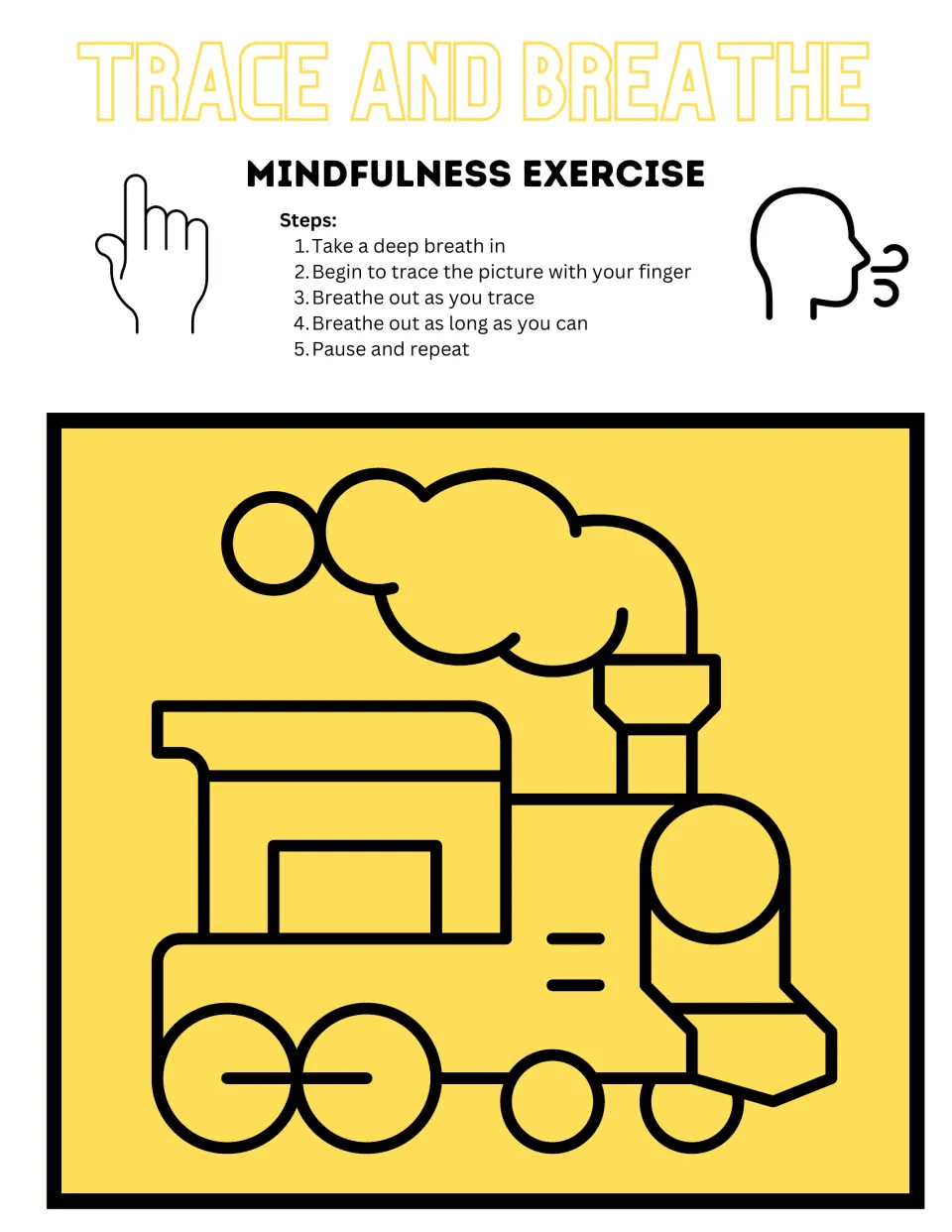 Color train tracing activity with a yellow train picture and five steps for breathing while finger tracing
