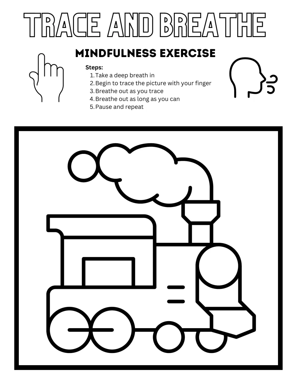 Black-and-white train tracing activity with five steps for breathing in, finger tracing, and breathing out