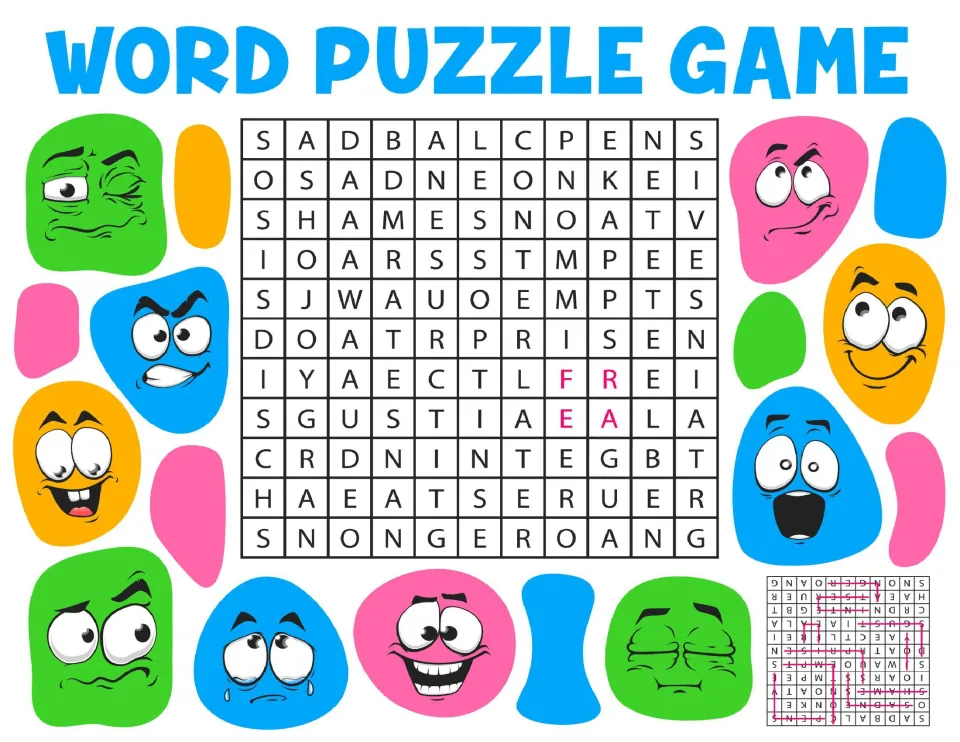 Word Puzzle Game on feelings: students find emotion words such as shame and fear in a letter search framed by cartoon faces