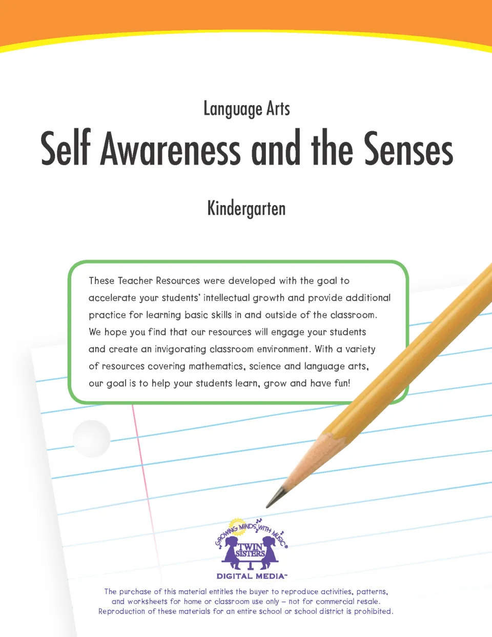 Cover of Language Arts: Self Awareness and the Senses, Kindergarten, a set of drawing, coloring and senses printables
