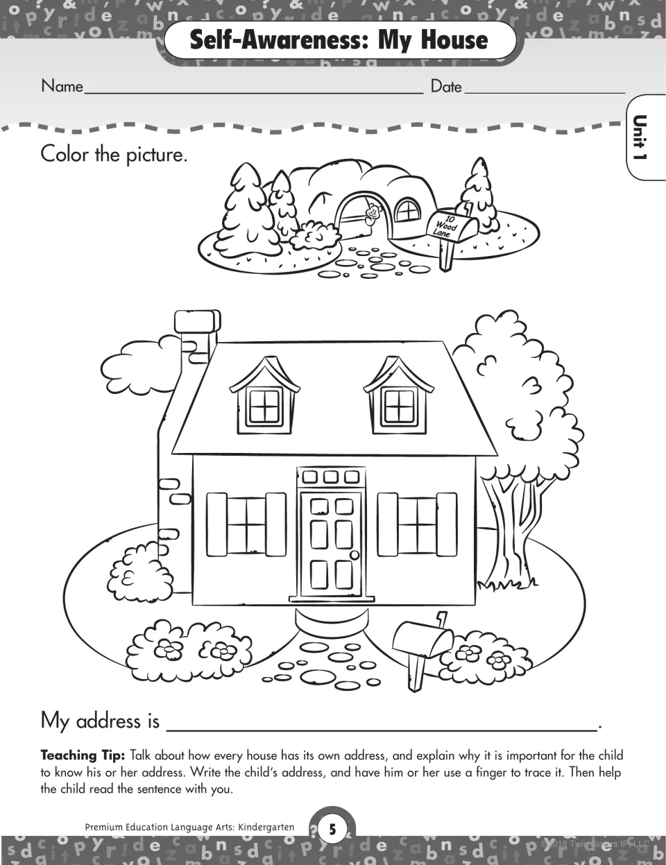 Self-Awareness: My House. Children color a house with a mailbox, then write and trace their home address