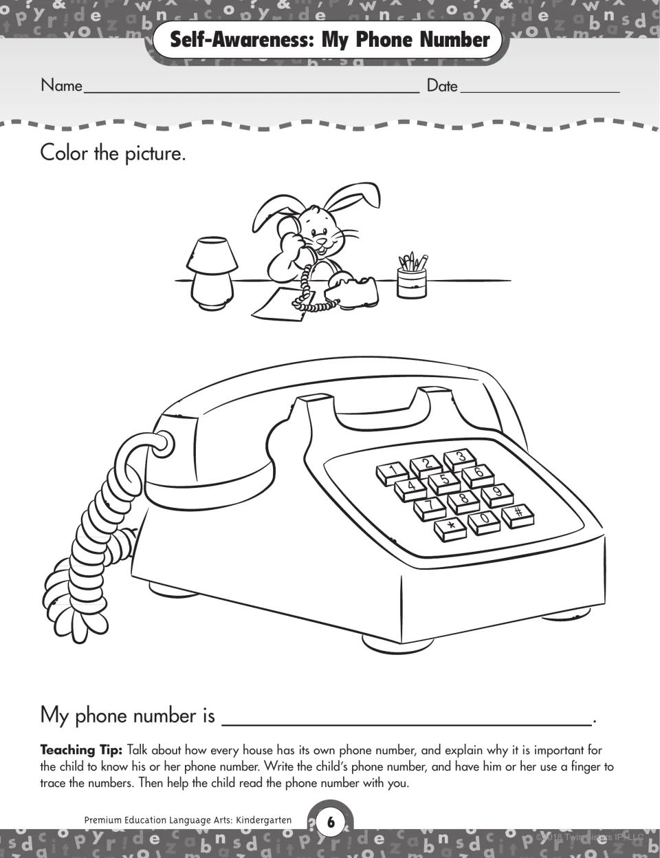 Self-Awareness: My Phone Number. Children color a push-button telephone, then write and trace 'My phone number is ___'
