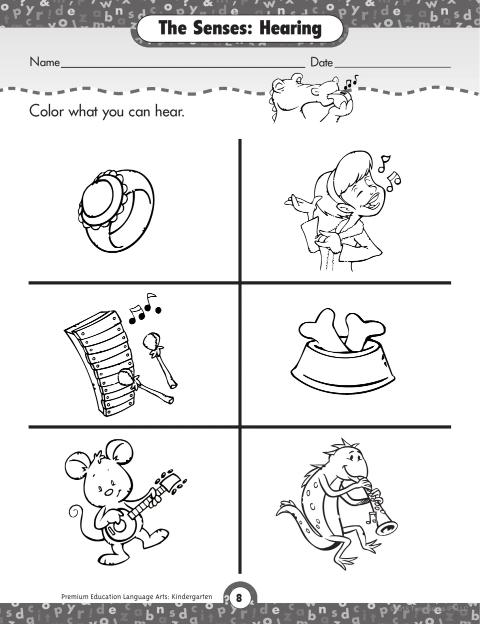 The Senses: Hearing. Children color the pictures that make sound, such as a singer, xylophone, banjo and clarinet