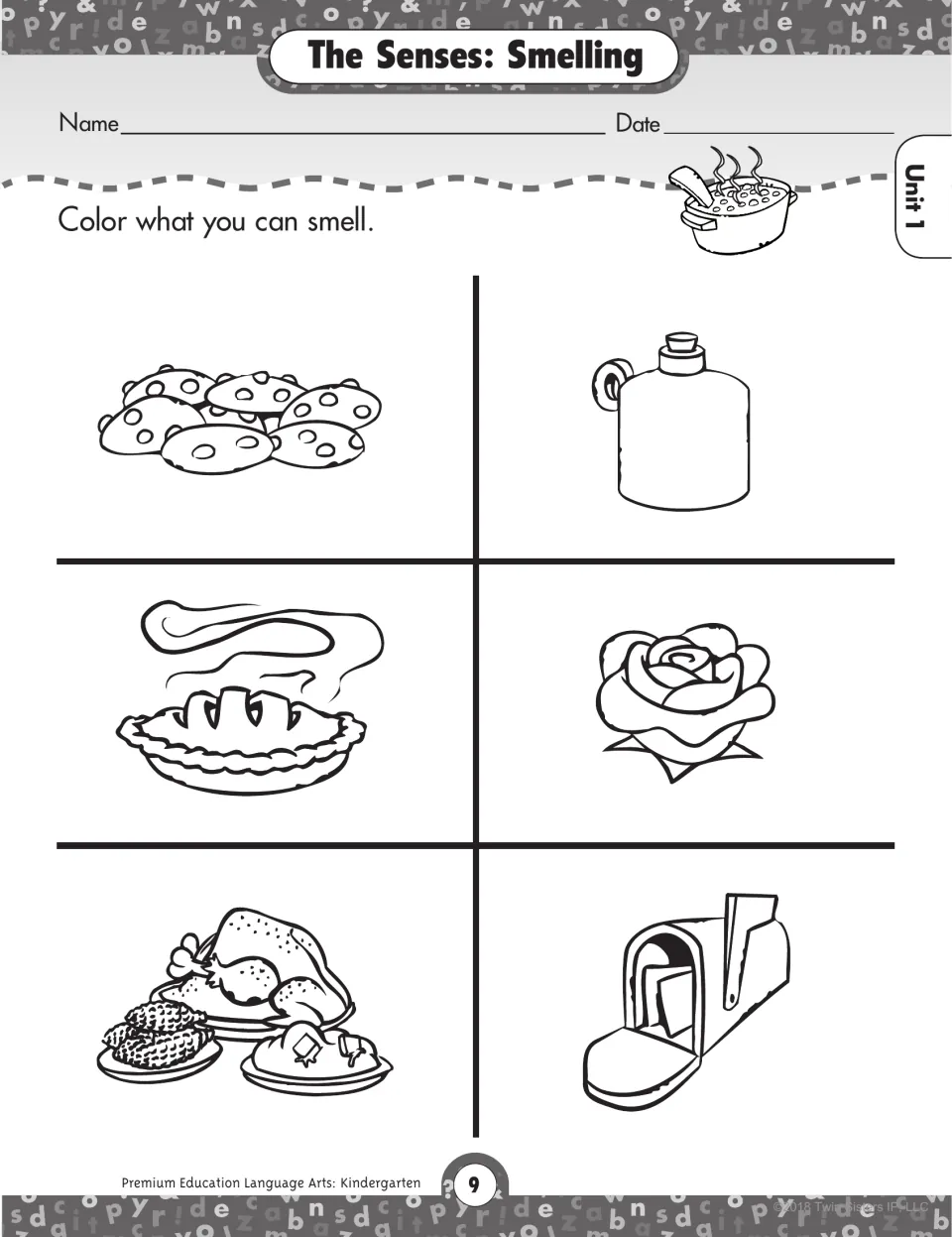 The Senses: Smelling. Children color what has a smell, such as cookies, pie, a rose and a turkey dinner