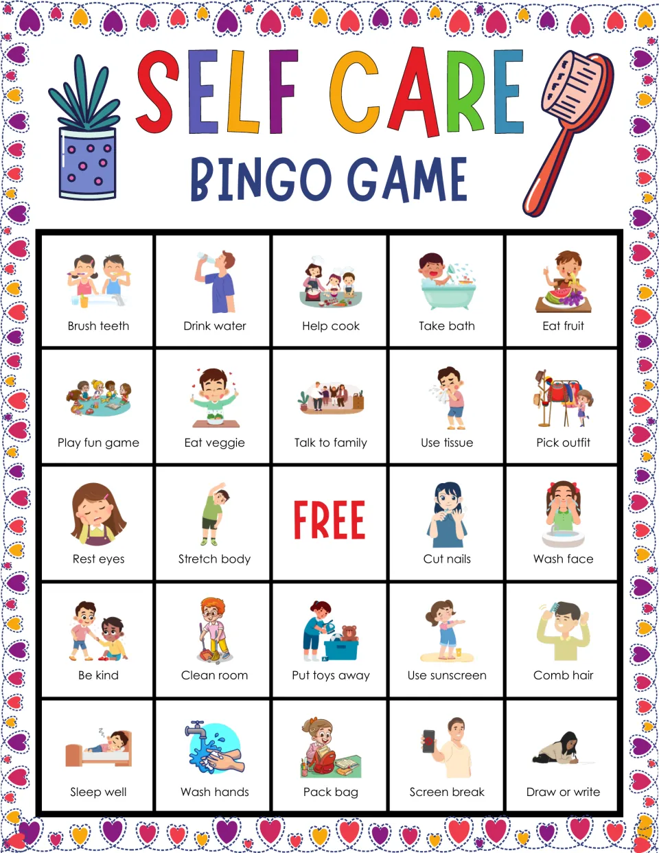 Self care bingo card 1: students mark pictured habits around a FREE center; top row starts with brush teeth and drink water
