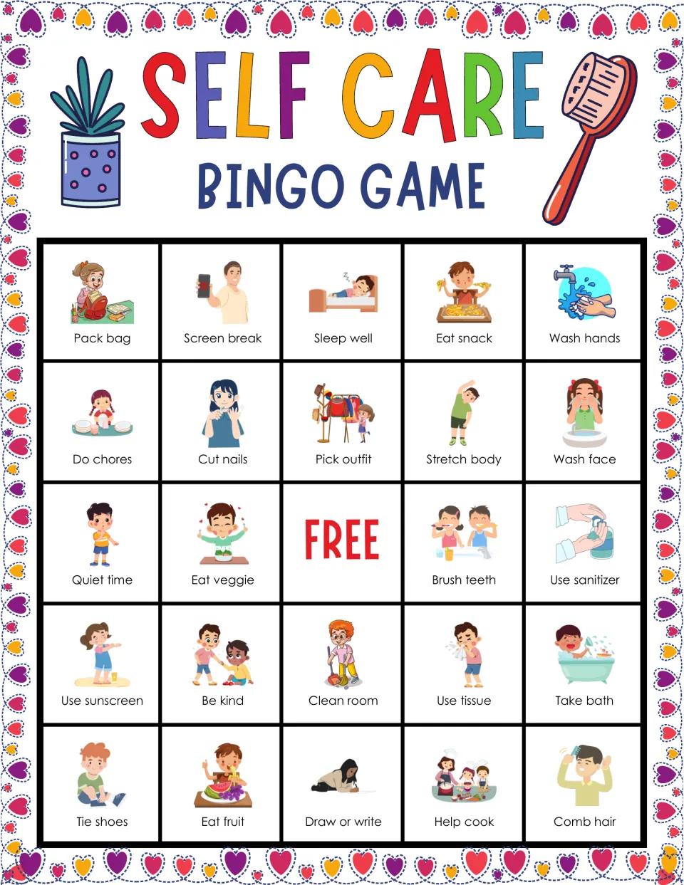 Self care bingo card 2: students cover illustrated routines such as pack bag, screen break, sleep well and eat snack
