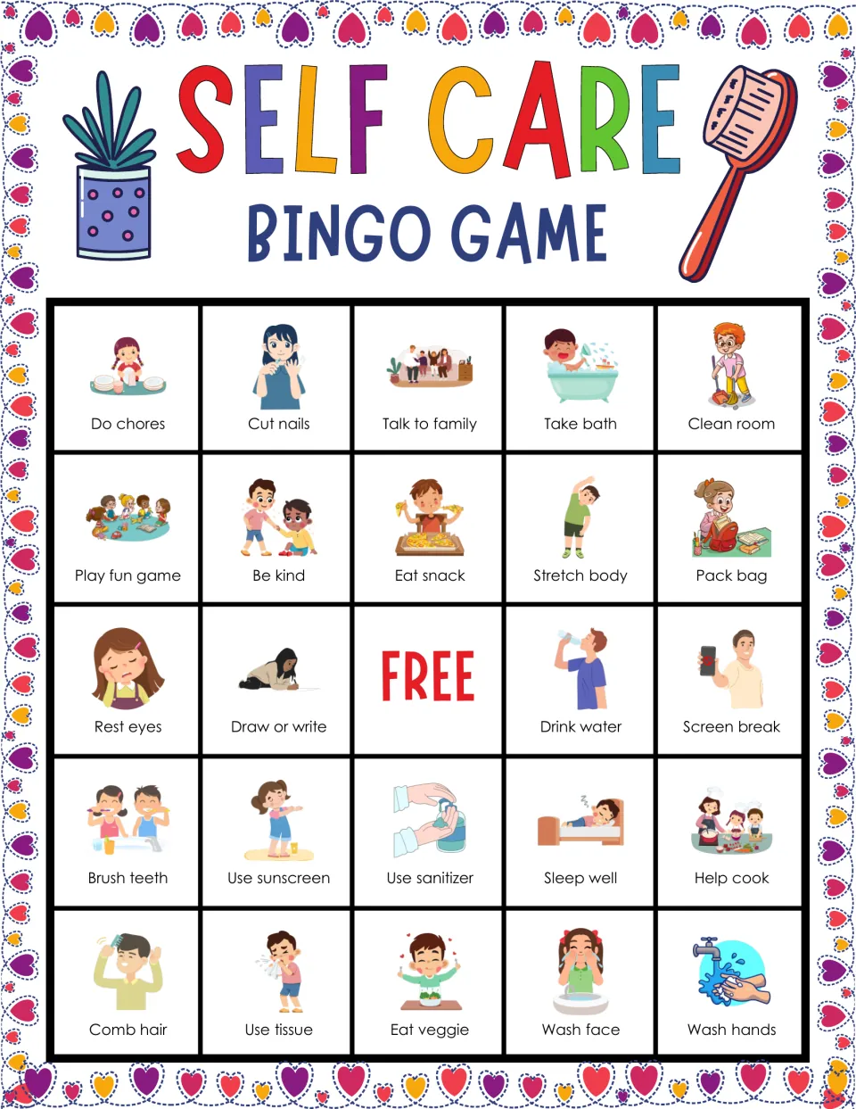Self care bingo card 5: students match called activities such as do chores, take bath and play fun game to the pictures