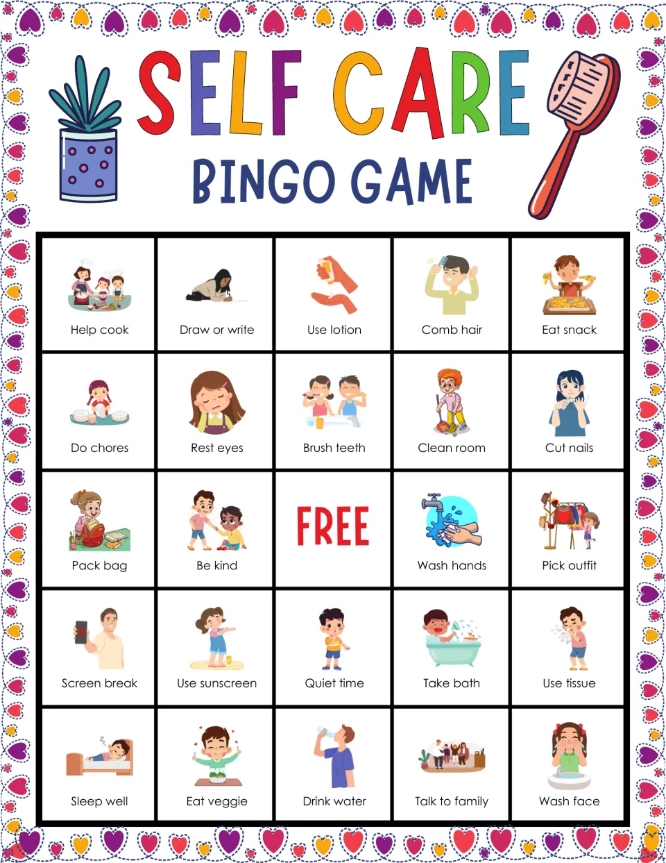 Self care bingo card 8: pictures show help cook, draw or write, comb hair and eat snack for students to cover when called