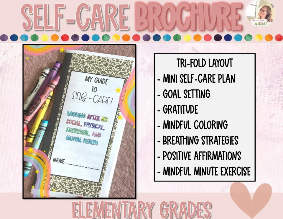 Self-care tri-fold brochure cover listing goal setting, gratitude, mindful coloring, breathing and affirmations