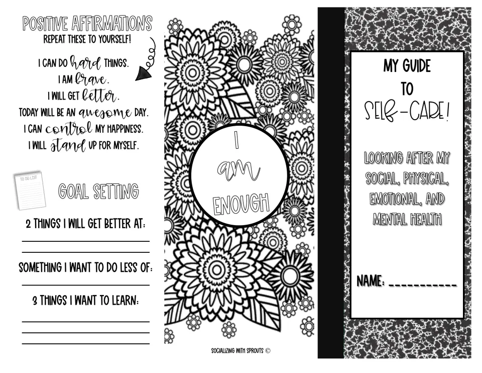 Self-care guide outer side: students read affirmations, set goals, color an 'I am enough' flower panel, and write a name