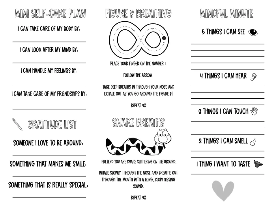 Self-care plan: students write care ideas and gratitudes, try figure 8 and snake breaths, then a 5-4-3-2-1 senses list