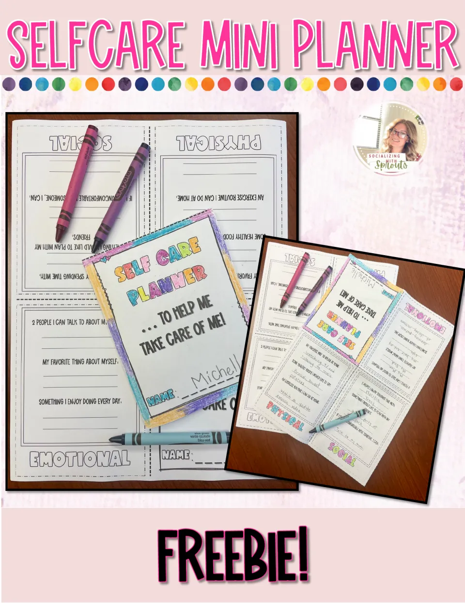 Self-care planner preview showing a colored booklet cover and examples of the unfolded activity sheet.