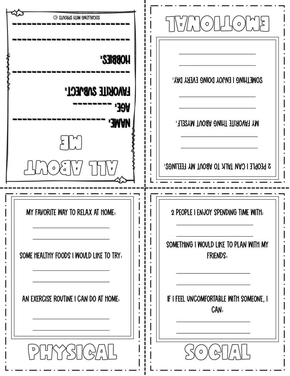 Self-care planner sheet: All About Me plus prompts about emotional, physical, and social self-care.