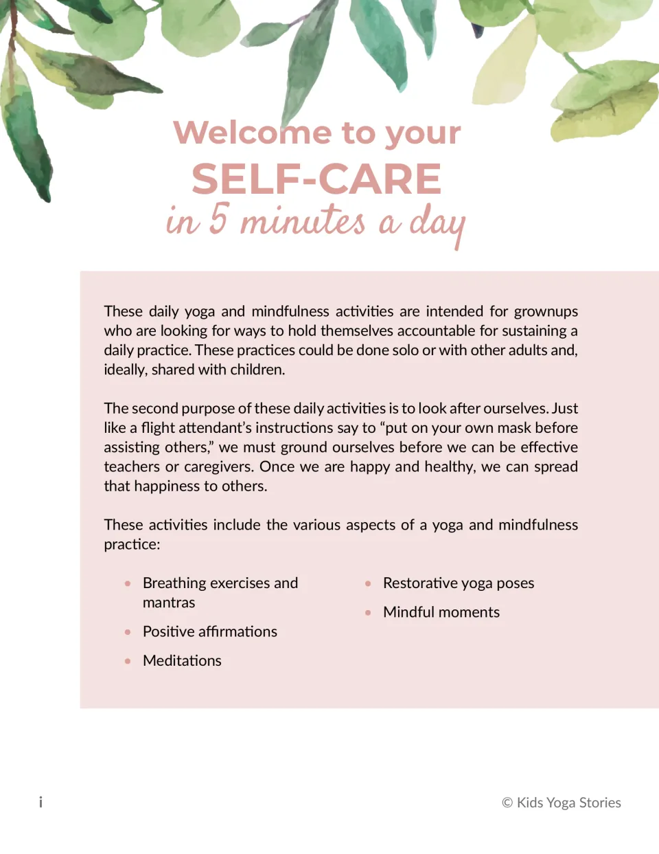 Introduction to daily self-care for adults: breathing, affirmations, meditations, yoga, and mindful moments