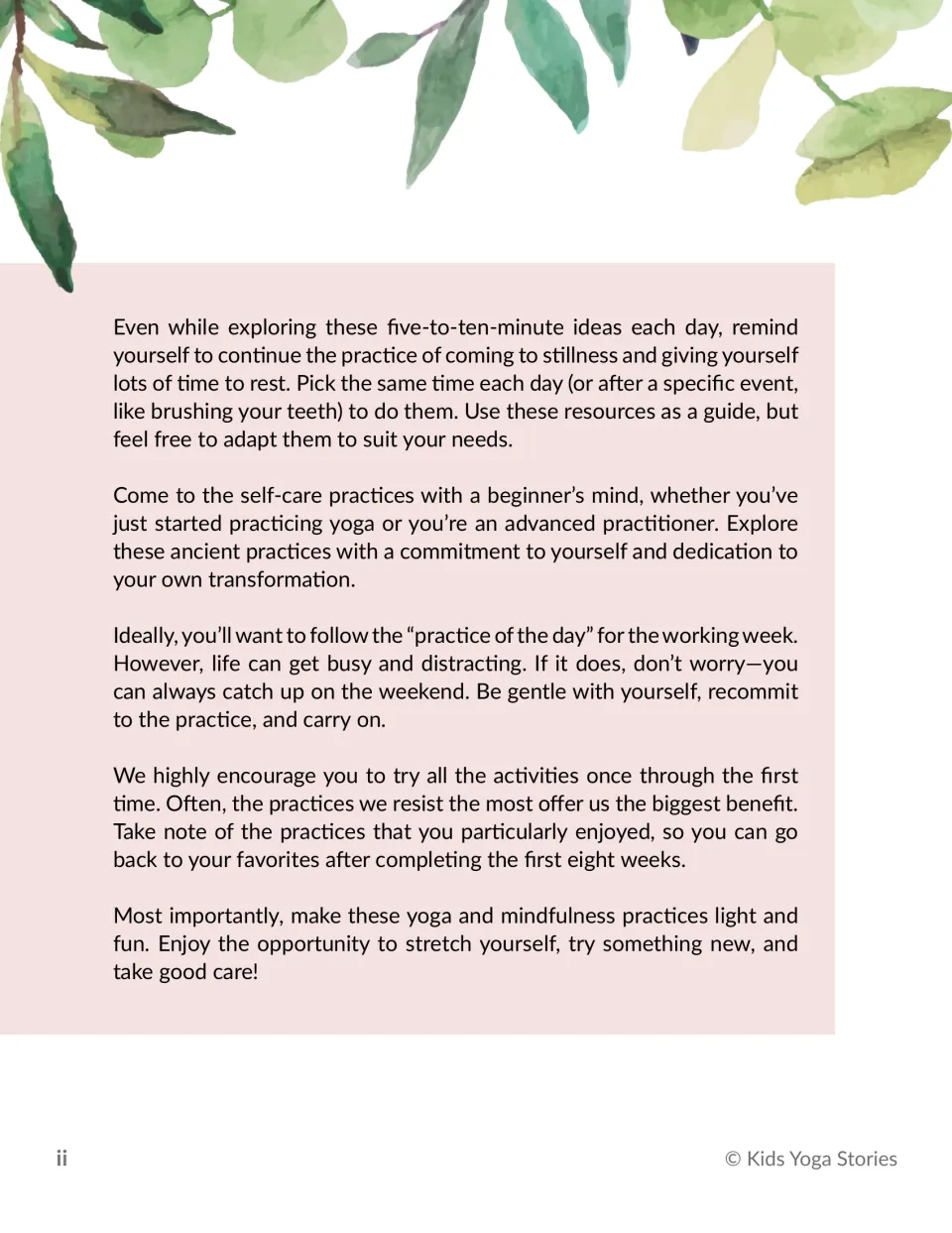 Self-care introduction continued: choose a daily time, adapt practices, and revisit favorites after eight weeks