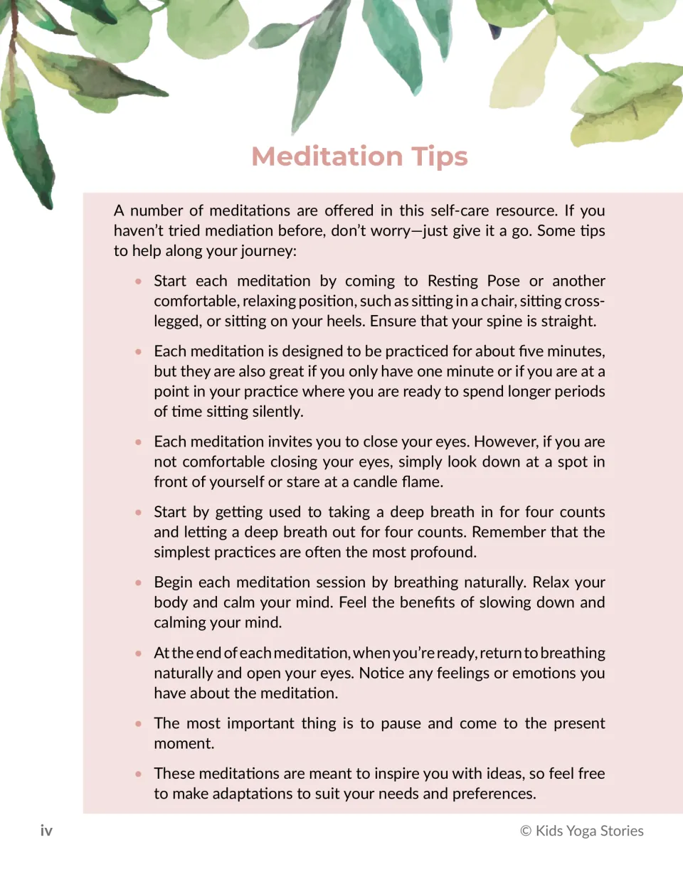 Meditation tips introduce comfortable positions, flexible timing, eye options, breathing, and reflection
