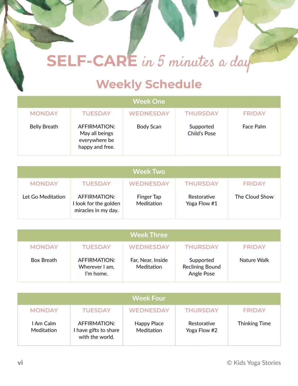 Self-care schedule for weeks 1–4 lists 20 weekday practices, including Belly Breath, Body Scan, and Nature Walk