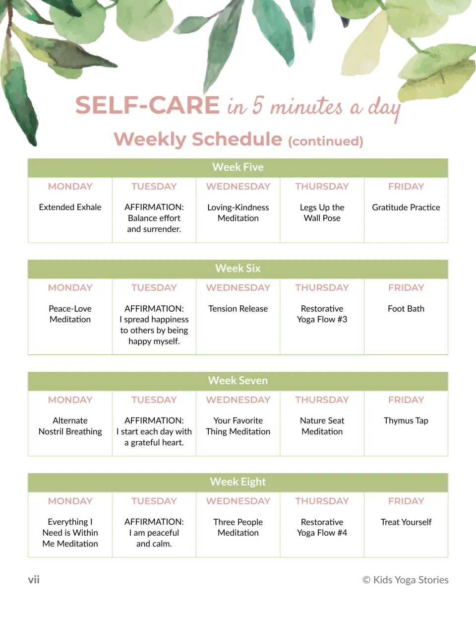 Self-care schedule for weeks 5–8 lists 20 weekday practices, including Extended Exhale and Gratitude Practice