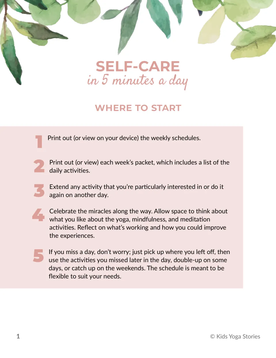 Getting started with the self-care guide: use schedules and weekly packets, repeat activities, and reflect