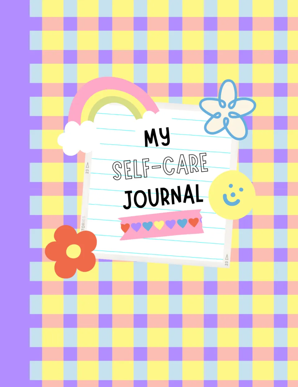 My Self-Care Journal cover in pastel plaid with a rainbow, flowers, hearts and a smiley face around the journal title