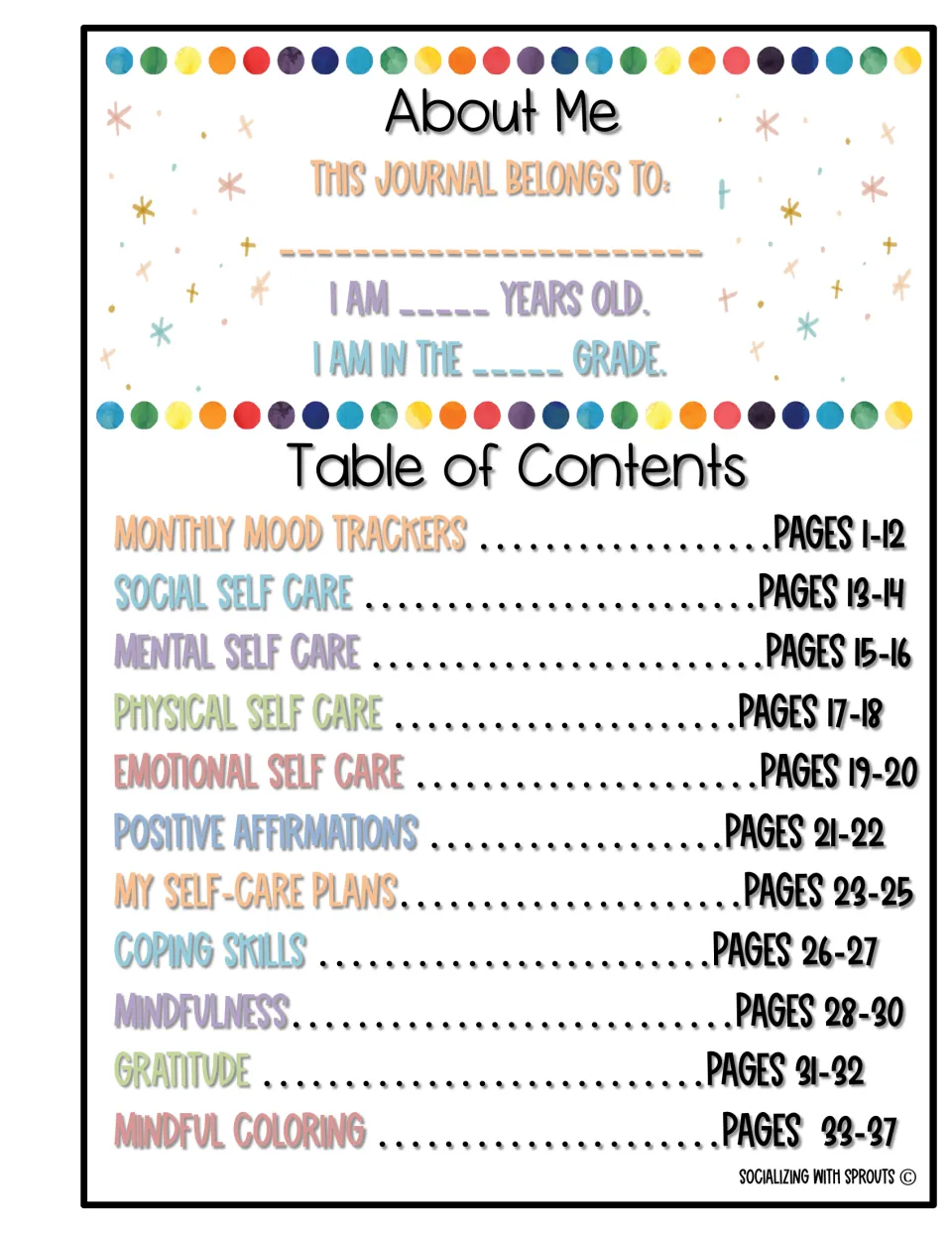 About Me page: students write their name, age and grade; table of contents lists mood trackers, coping skills and gratitude