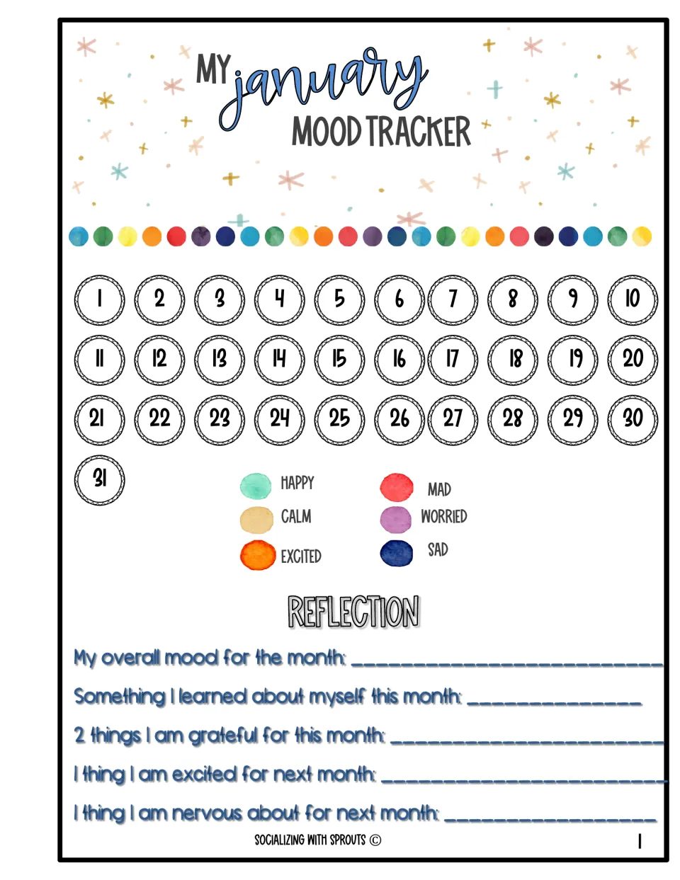 January mood tracker: students color days 1-31 by mood (happy, calm, excited, mad, worried, sad) then reflect