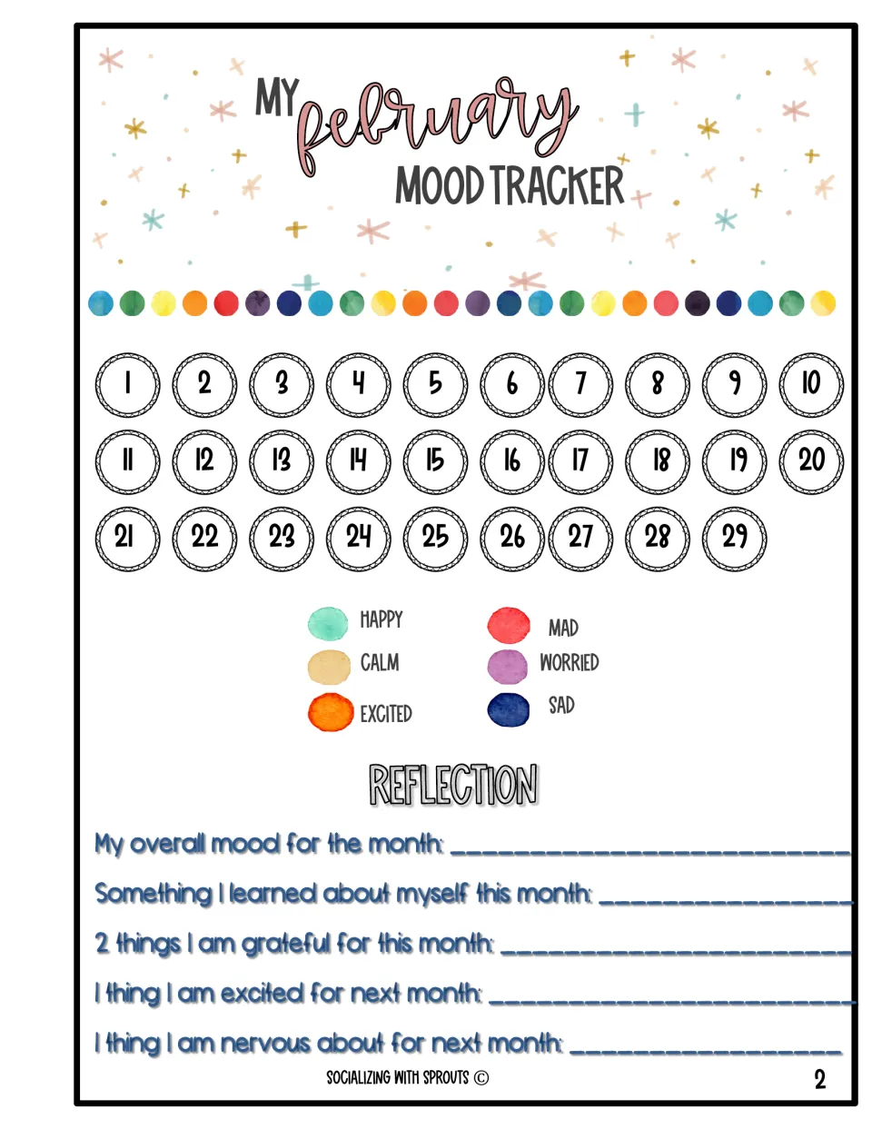 February mood tracker: students color days 1-29 by feeling and note their overall mood, gratitude and a worry for next month