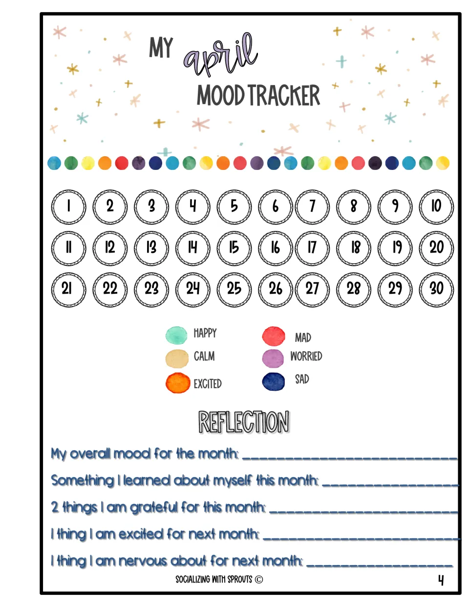 April mood tracker: students color days 1-30 by mood, list two things they're grateful for and one they're excited about