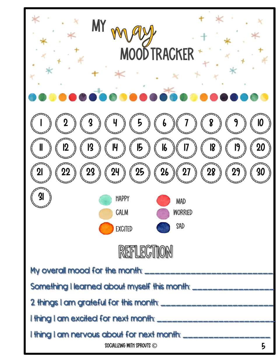 May mood tracker: students record moods for 31 days using six colors and write what they feel nervous about next month