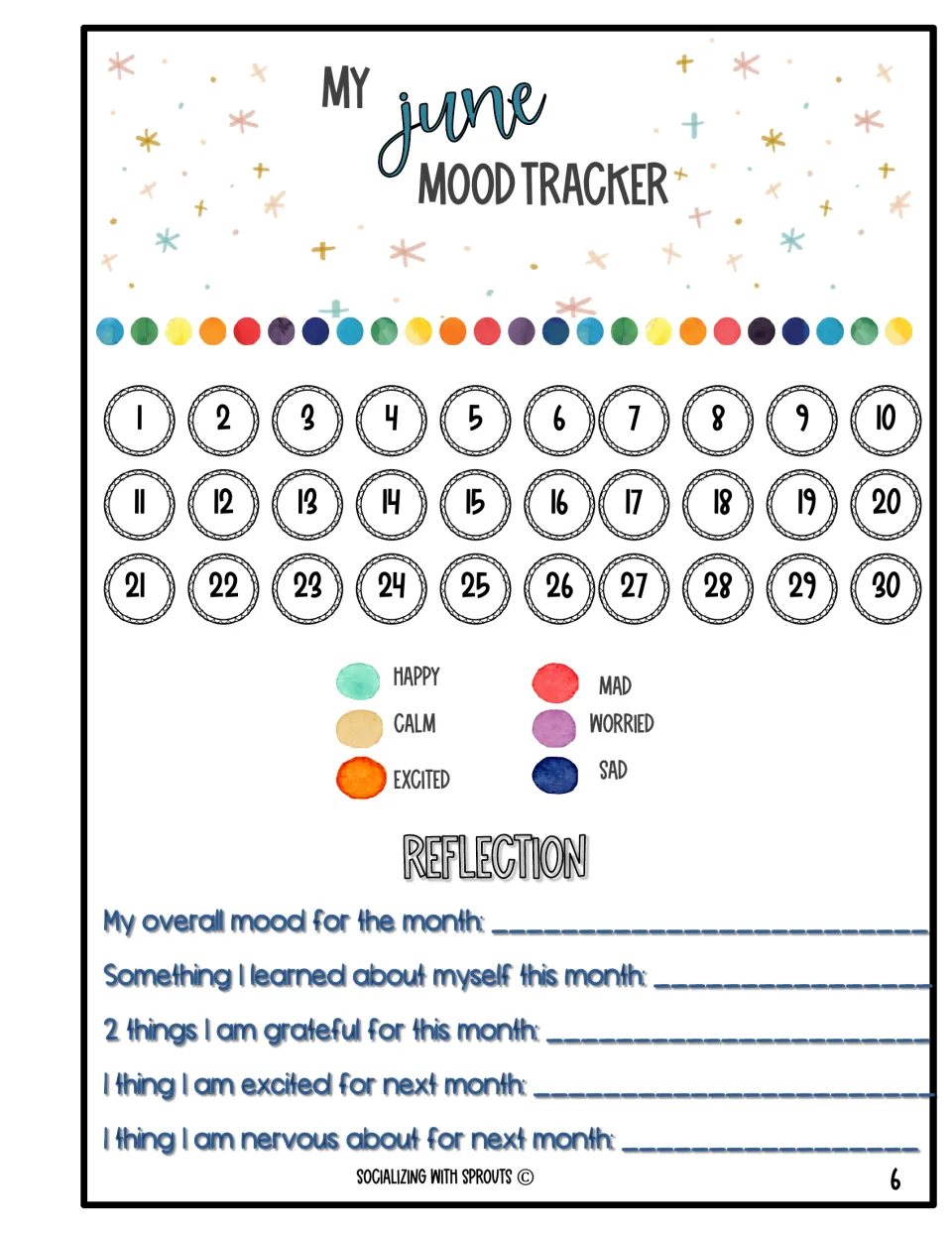 June mood tracker: students track feelings across 30 days by color, then sum up their overall mood for the month