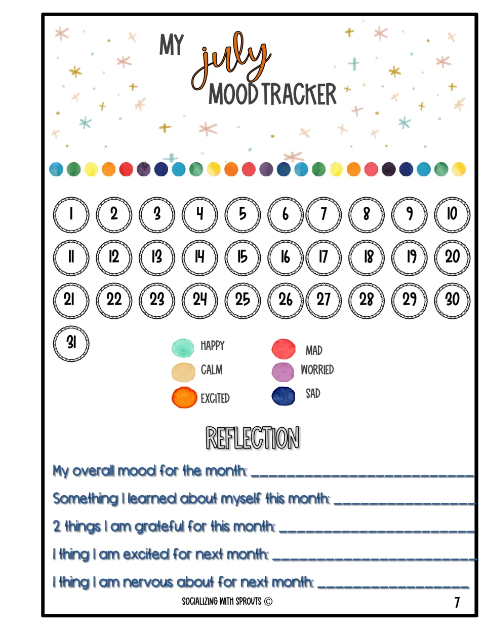 July mood tracker: students shade 31 days happy, calm, excited, mad, worried or sad and complete five reflection prompts