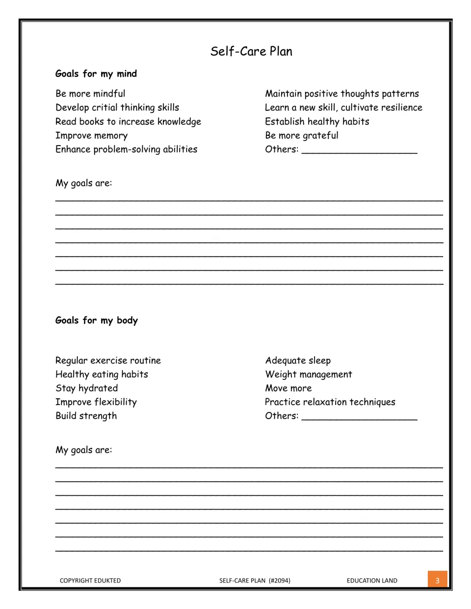 Mind and body goal setting: students pick from ideas like mindfulness, sleep and hydration, then write goals for each