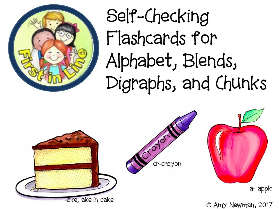 Cover of the self-checking phonics flashcard resource, showing cake, crayon, and apple as example cues