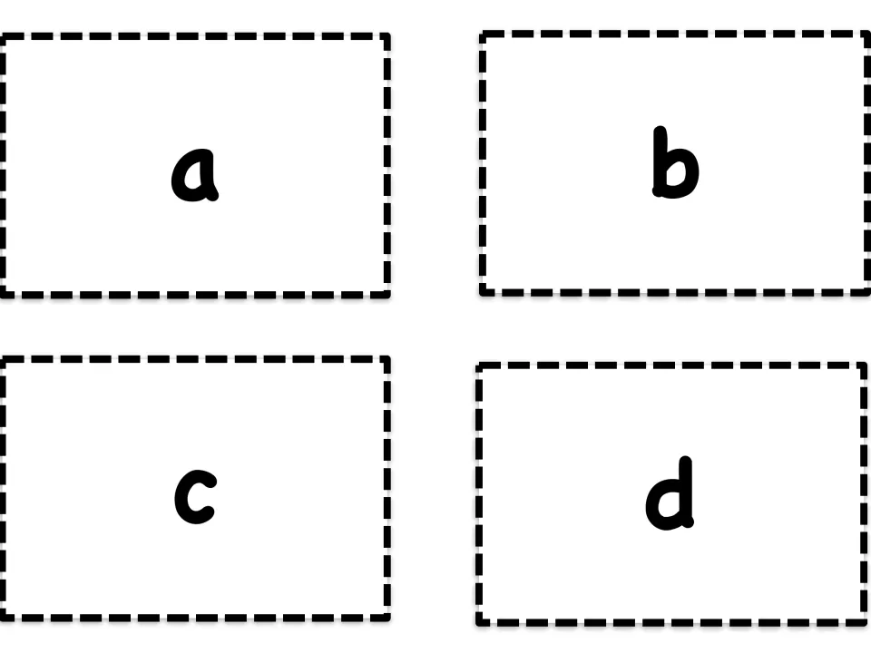 Alphabet flashcards featuring lowercase a, b, c, and d, the first four letter cards in the self-checking set