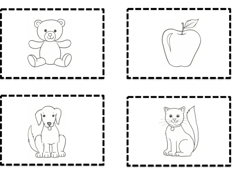 Alphabet picture cards showing a bear, apple, dog, and cat as self-checking cues for letters a through d