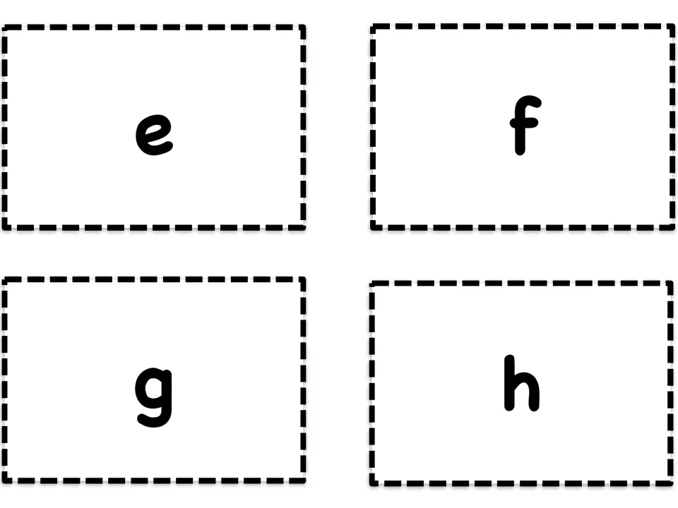 Alphabet flashcards featuring lowercase e, f, g, and h, the second four-letter sheet in the self-checking set