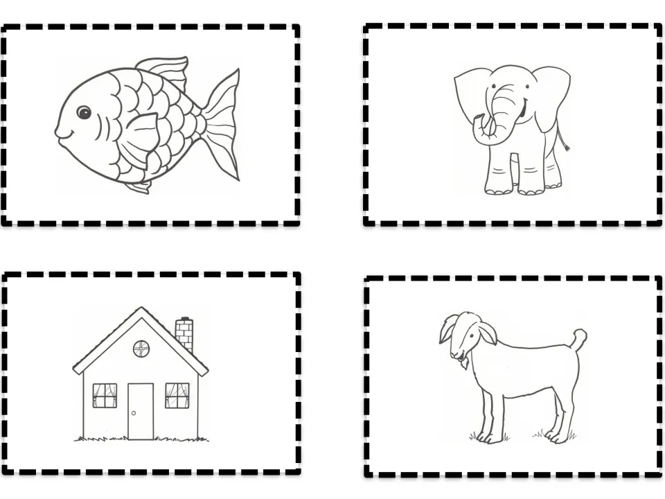Alphabet picture cards showing a fish, elephant, house, and goat as self-checking cues for letters e through h